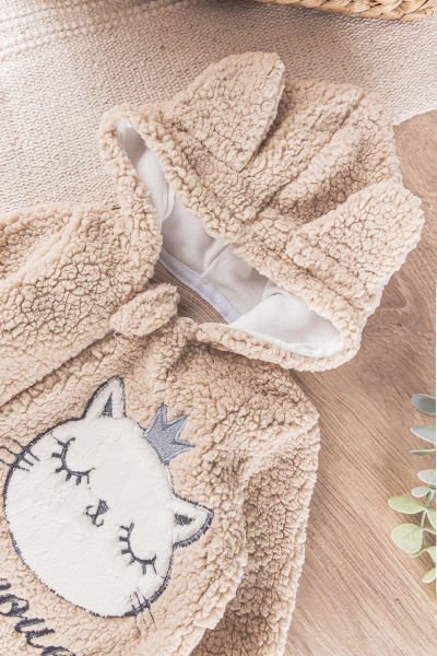 Kedi Figürlü Peluş Welsoft Kız/Erkek Bebek Tulum BEJ -  0-3 AY