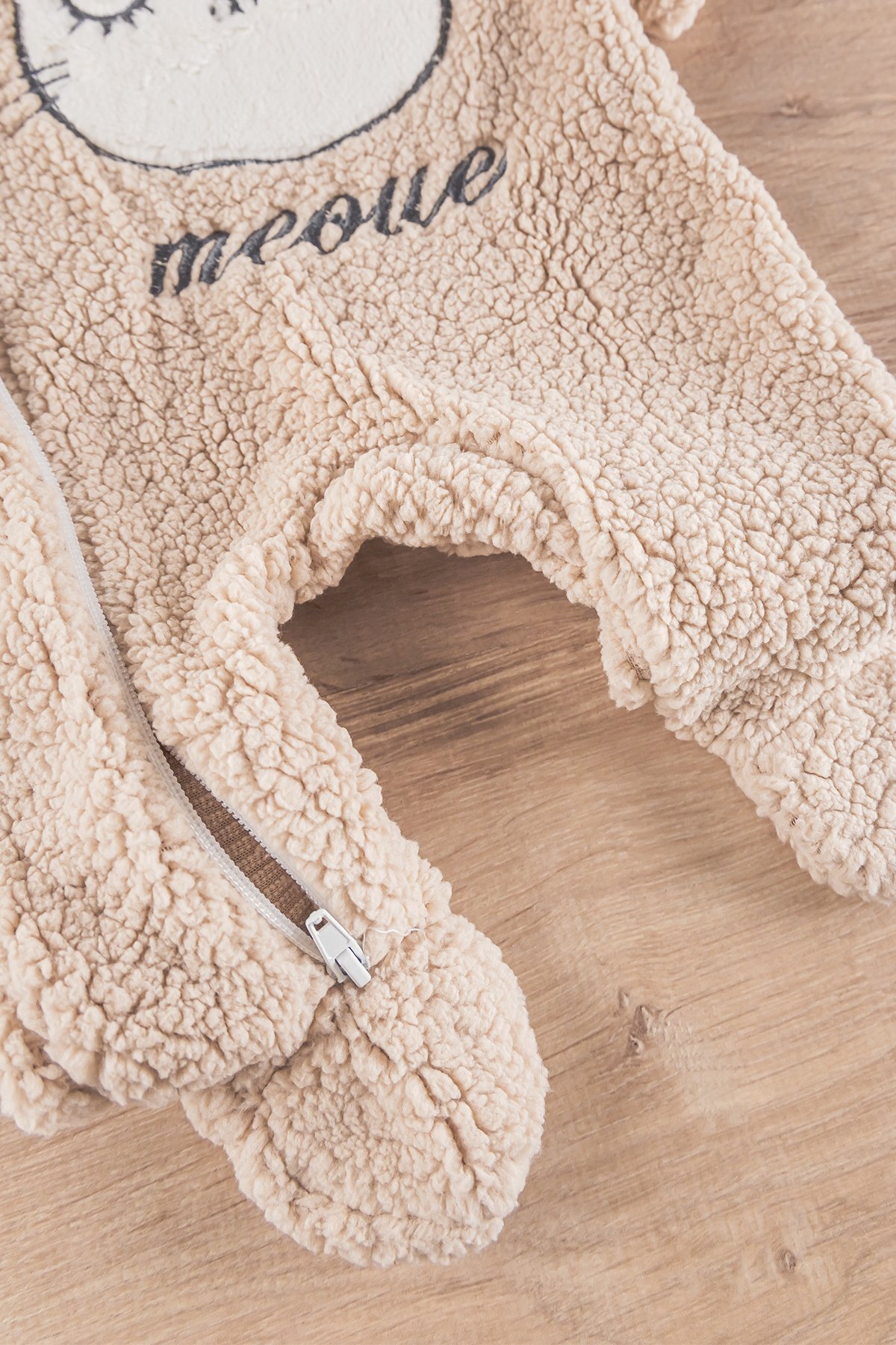 Kedi Figürlü Peluş Welsoft Kız/Erkek Bebek Tulum BEJ -  0-3 AY