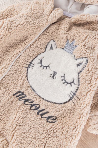 Kedi Figürlü Peluş Welsoft Kız/Erkek Bebek Tulum BEJ -  0-3 AY