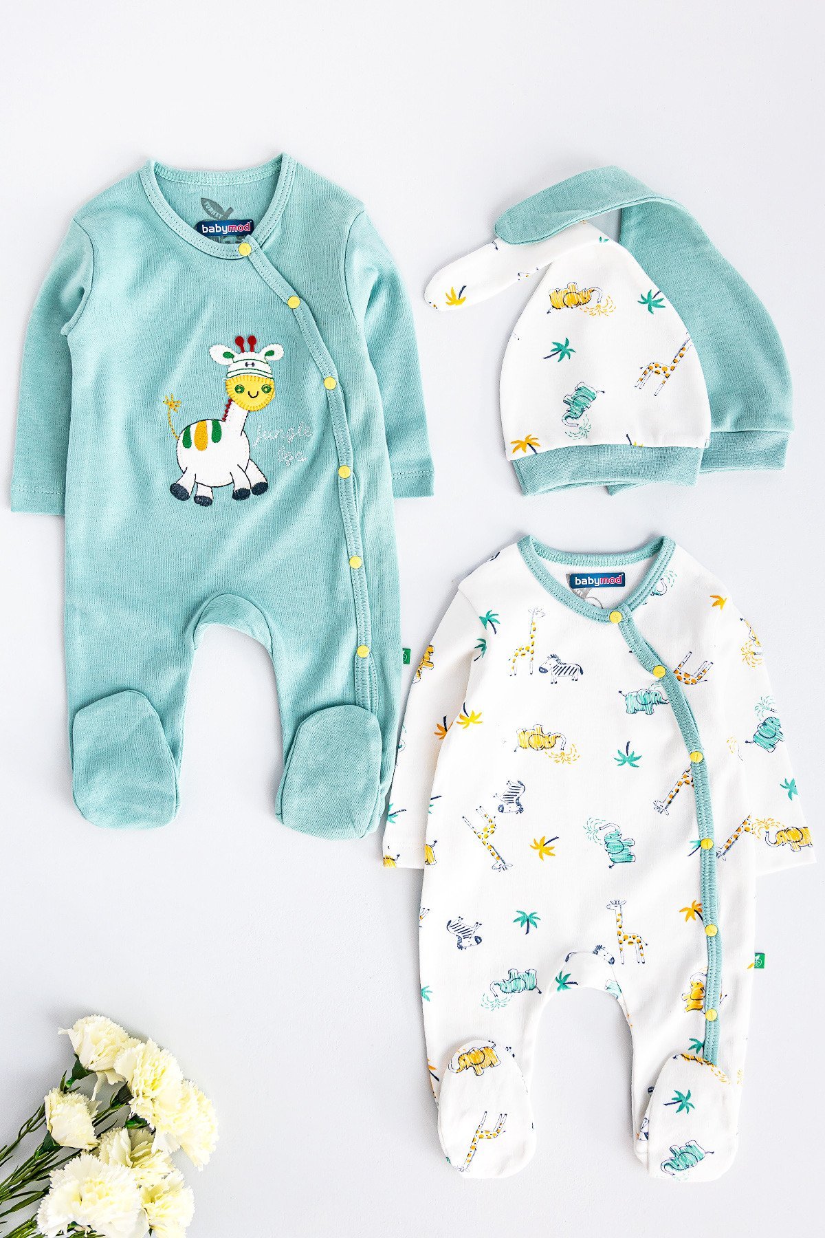 Zürafa Figürlü Uzun Kollu İkili Bebek Tulum