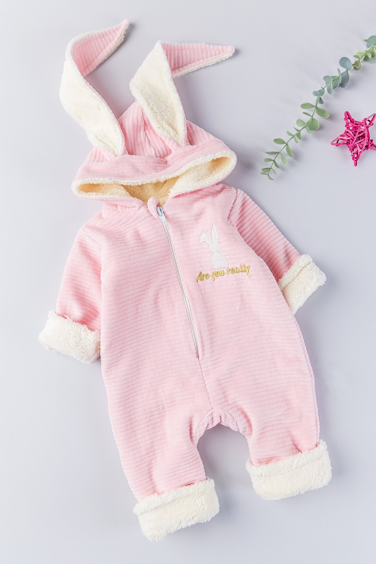 Tavşan Figürlü Kışlık Welsoft Kadife Astronot Kız/Erkek Bebek Tulum