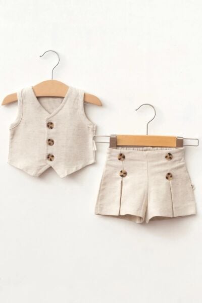 Keten Yelek Şort Şık Kız Bebek Takım
