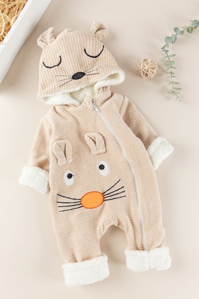 Figürlü Unisex Kışlık Welsoft Kadife Bebek Tulum BEJ -  6-9 AY