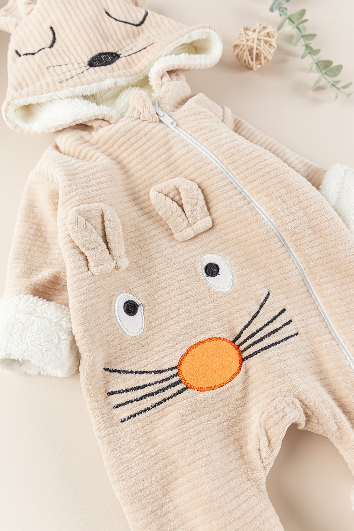 Figürlü Unisex Kışlık Welsoft Kadife Bebek Tulum BEJ -  6-9 AY