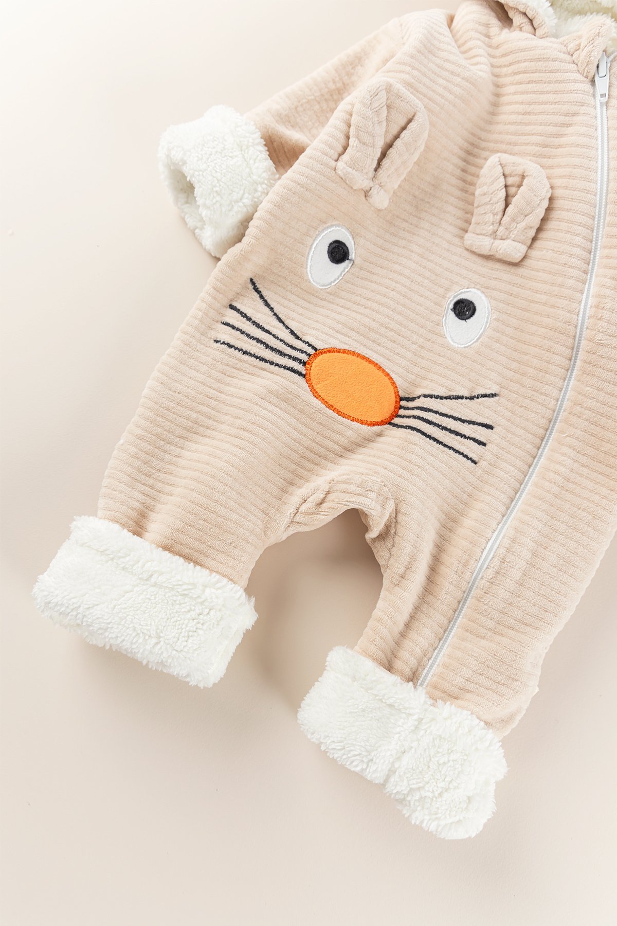 Figürlü Unisex Kışlık Welsoft Kadife Bebek Tulum BEJ -  6-9 AY