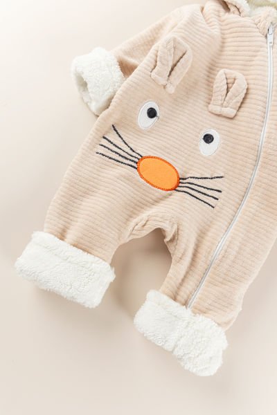 Figürlü Unisex Kışlık Welsoft Kadife Bebek Tulum BEJ -  6-9 AY
