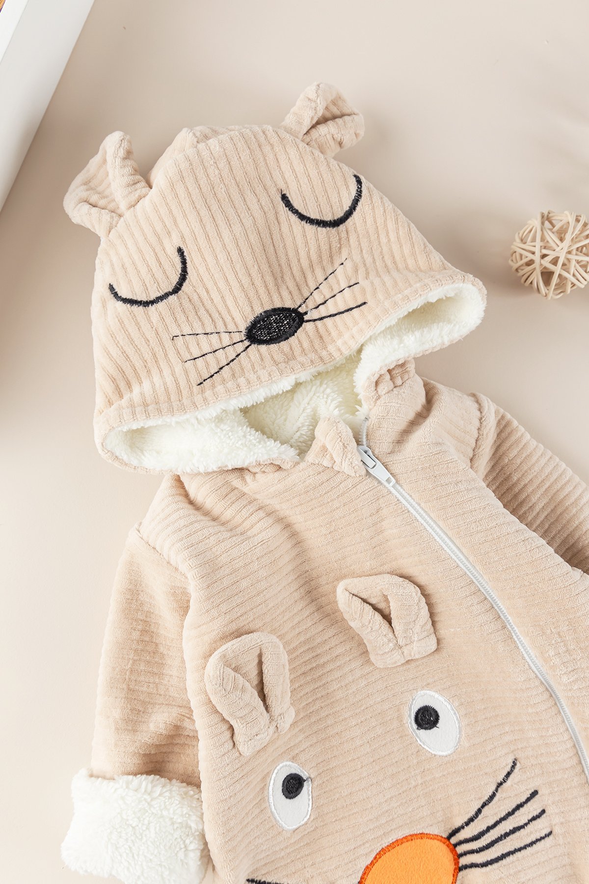 Figürlü Unisex Kışlık Welsoft Kadife Bebek Tulum BEJ -  6-9 AY