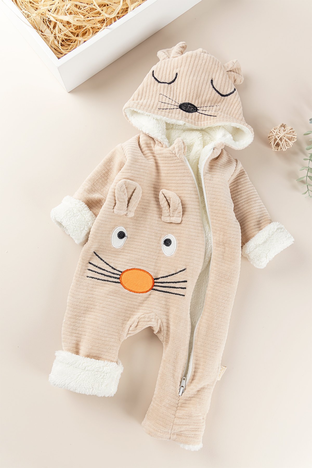 Figürlü Unisex Kışlık Welsoft Kadife Bebek Tulum BEJ -  6-9 AY