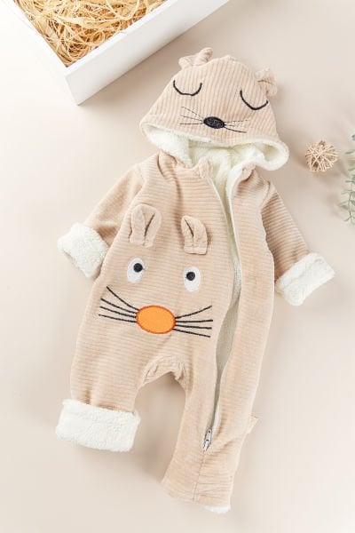 Figürlü Unisex Kışlık Welsoft Kadife Bebek Tulum BEJ -  6-9 AY