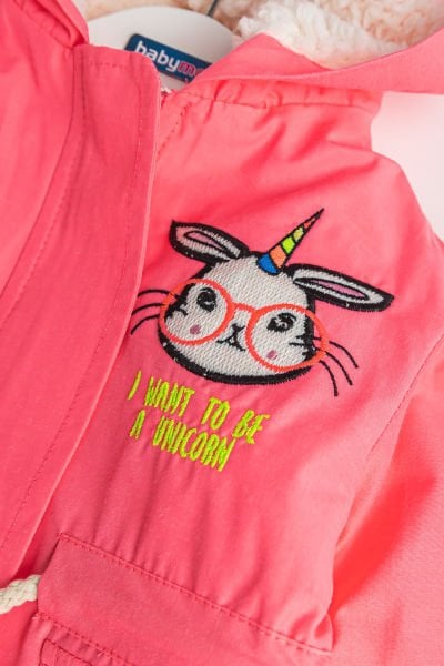 Unicorn İşlemeli İçi Peluş Neon Pembe Kız Bebek Mont