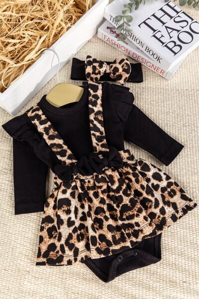 Leopar Desenli Şık Kız Bebek Jile Etek Elbise