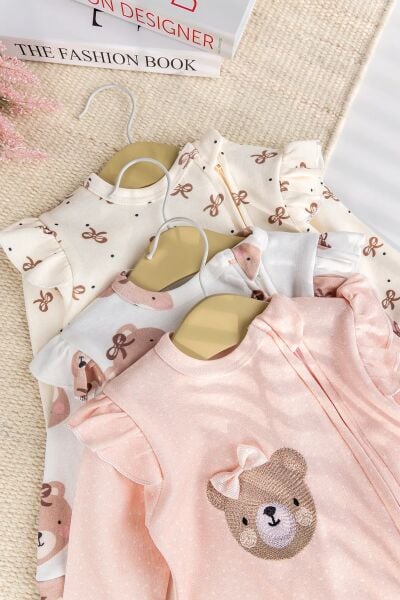 Üçlü 100% Pamuk Kız Bebek Tulum