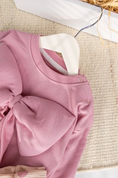 Fiyonklu 100% Pamuk 2'li Kız Bebek  Takım Pembe