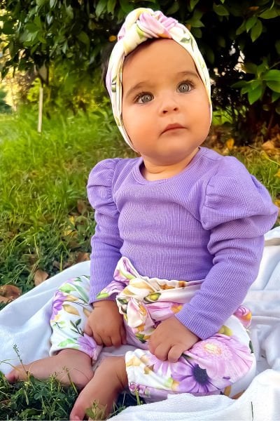 Çiçek Desenli Bandanalı Pamuklu 3'lü Kız Bebek Takım