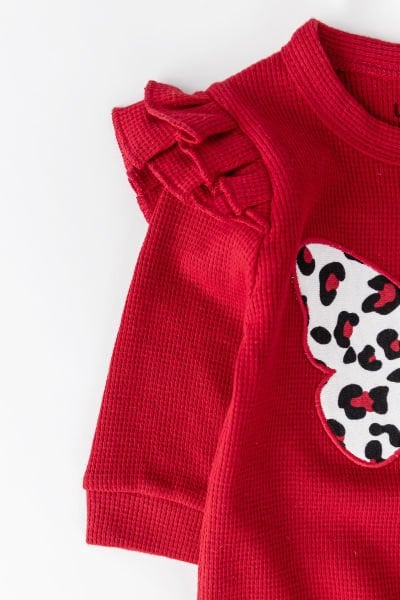 Kelebek İşlemeli Leopar Desenli 2'li Uzun Kollu Pamuklu Kız Bebek Tulum Takım