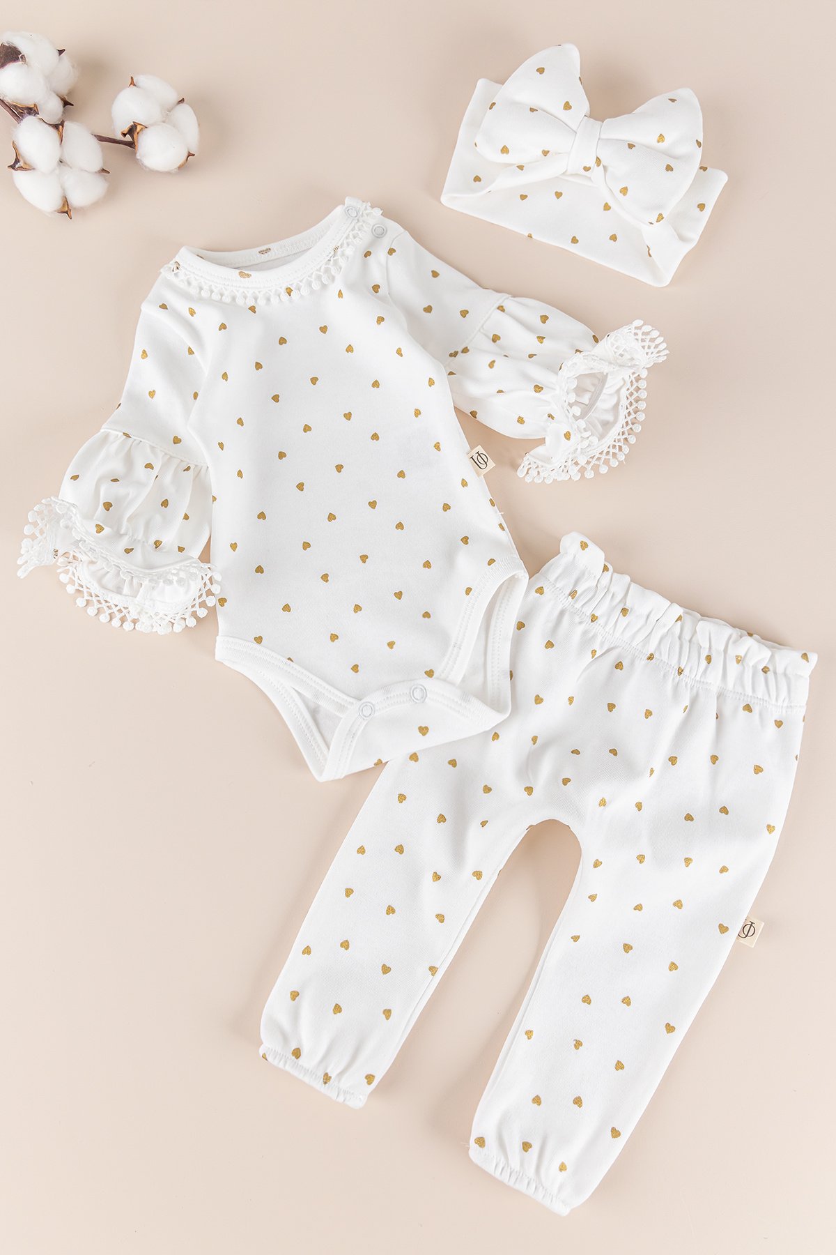 Yaldızlı Kalp Desenli Bandanalı 3'lü Kız Bebek Takım