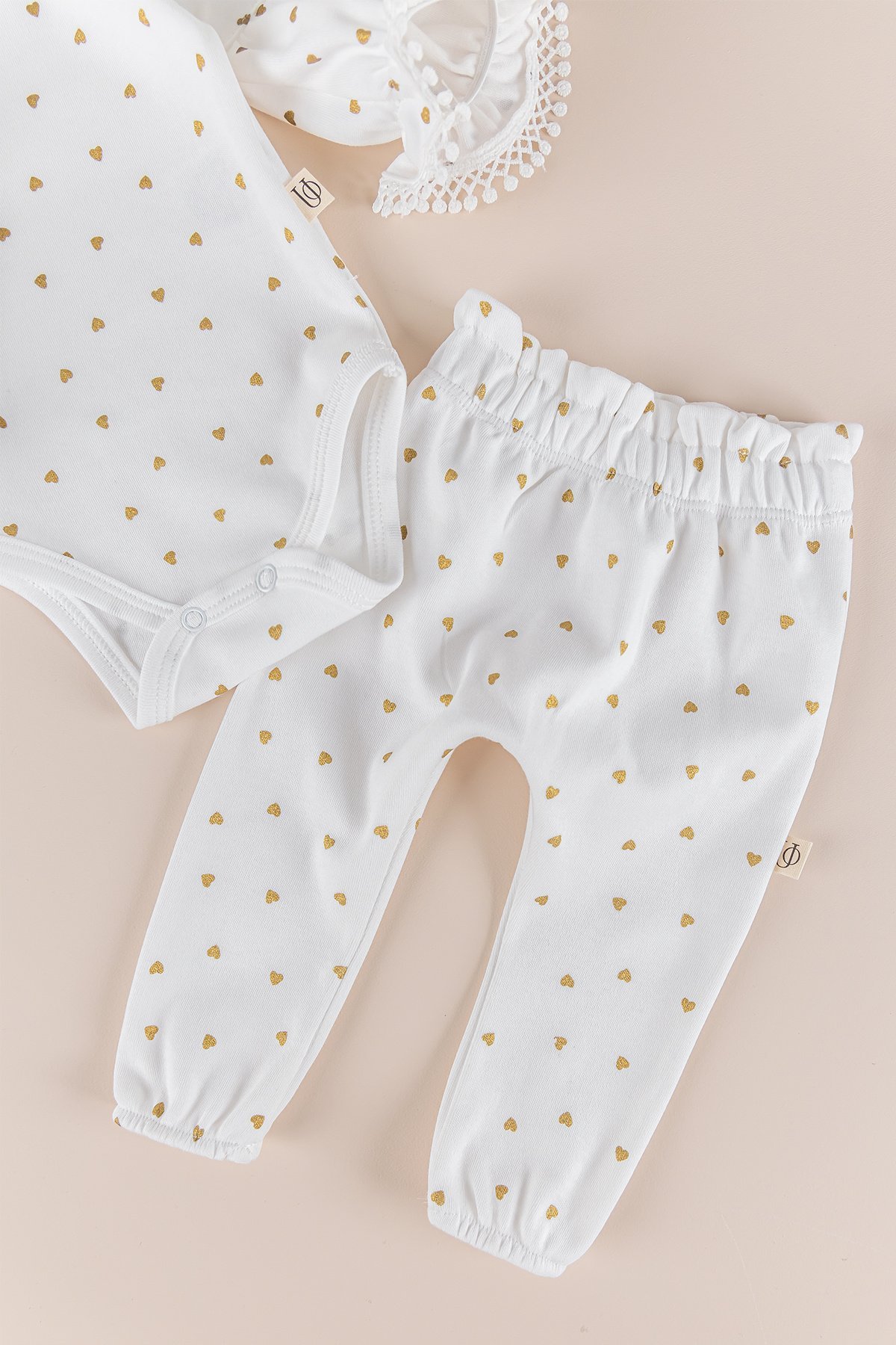 Yaldızlı Kalp Desenli Bandanalı 3'lü Kız Bebek Takım