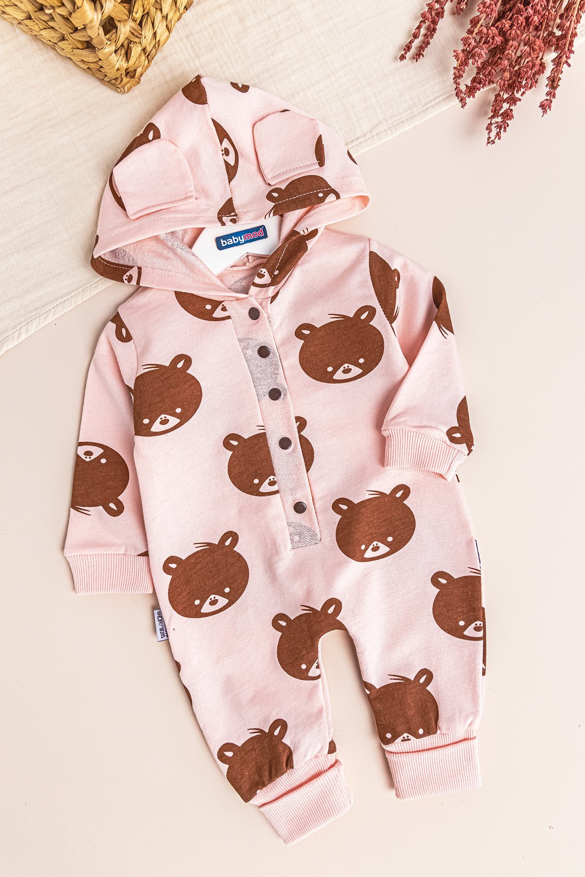 Ayıcık Desenli Kapüşonlu Kız Bebek Tulum