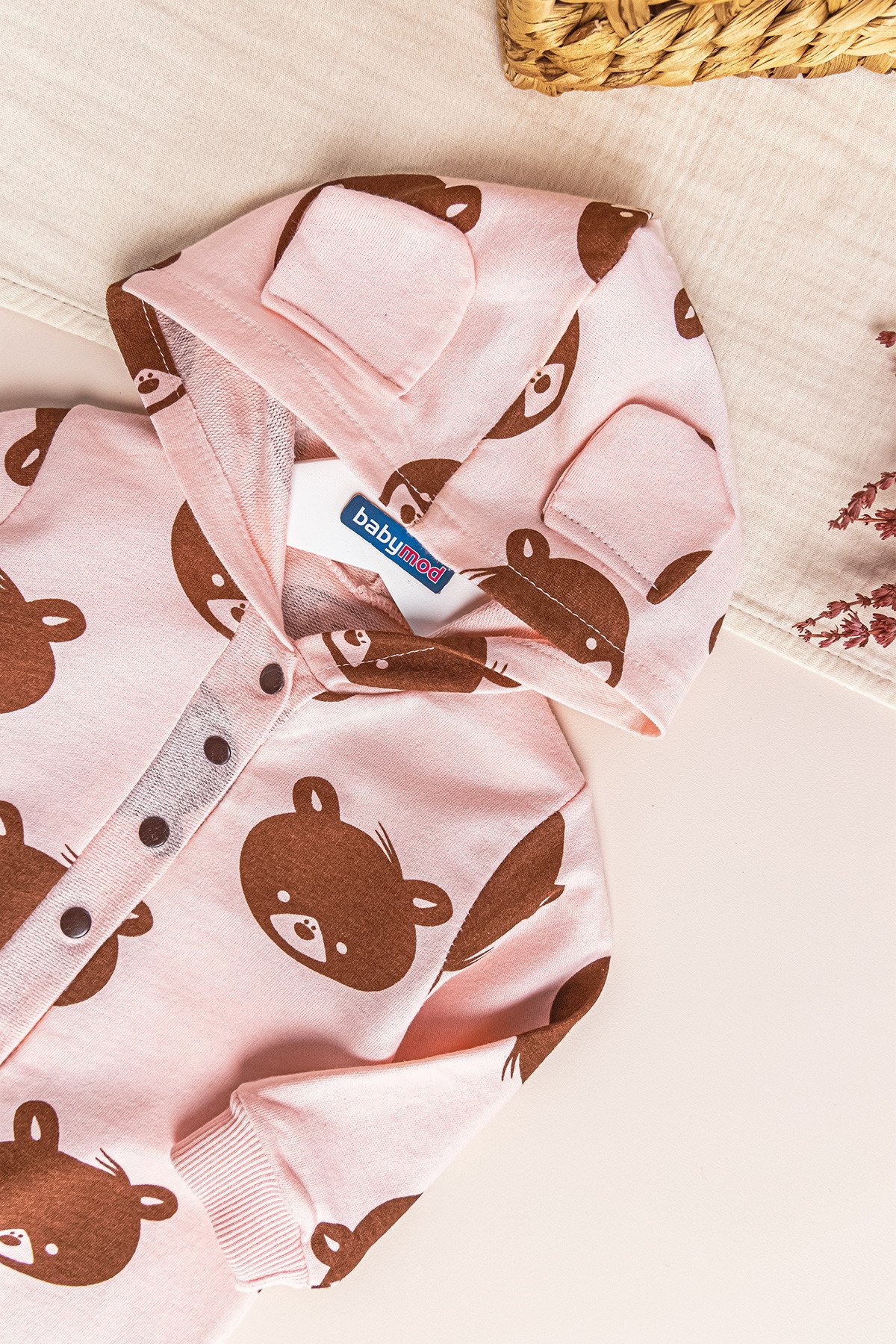 Ayıcık Desenli Kapüşonlu Kız Bebek Tulum