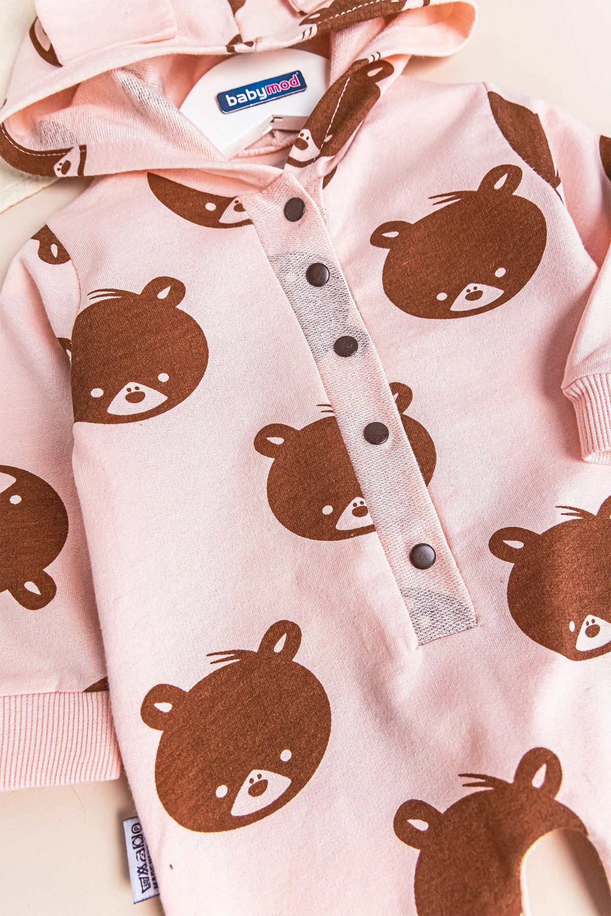 Ayıcık Desenli Kapüşonlu Kız Bebek Tulum