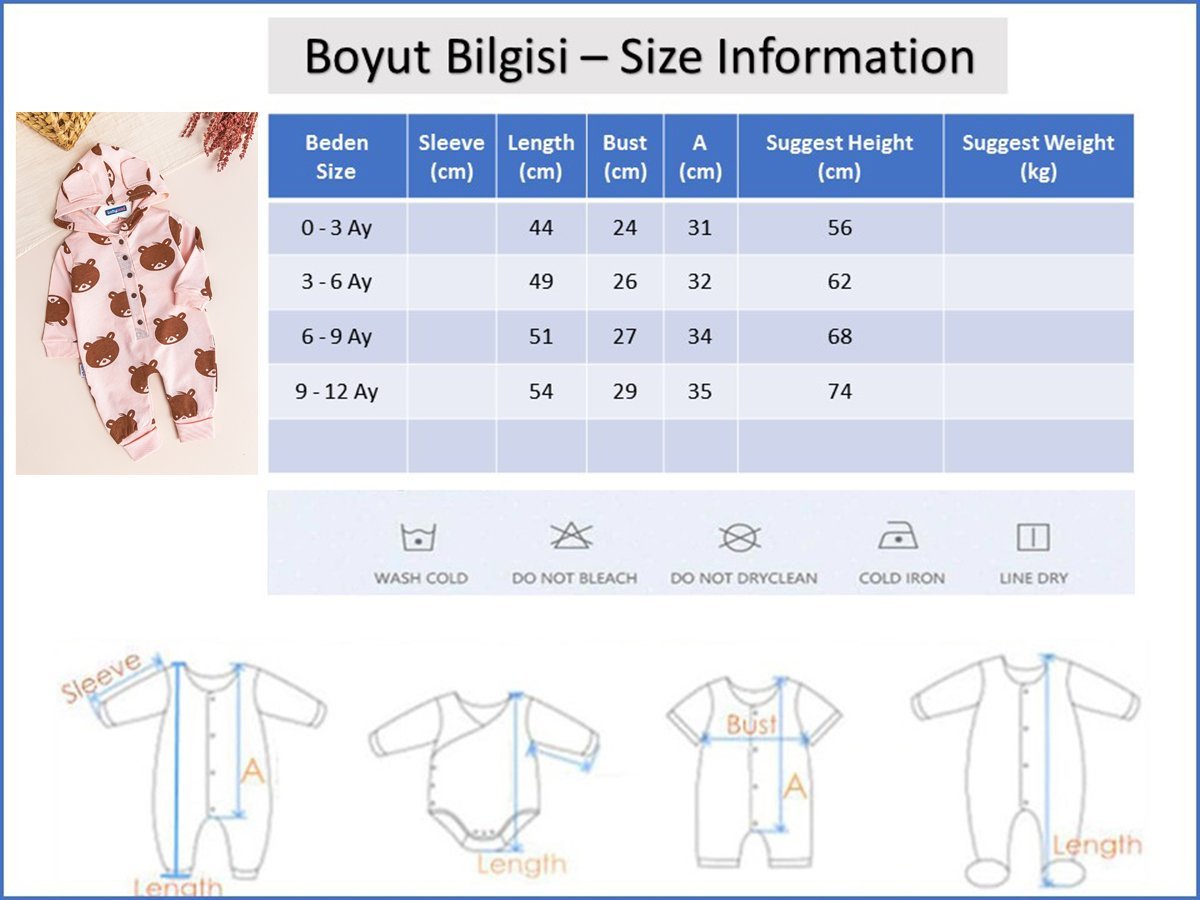 Ayıcık Desenli Kapüşonlu Kız Bebek Tulum