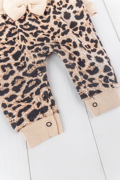 Leopar Desenli Fiyonklu Bandanalı Kız Bebek Tulum