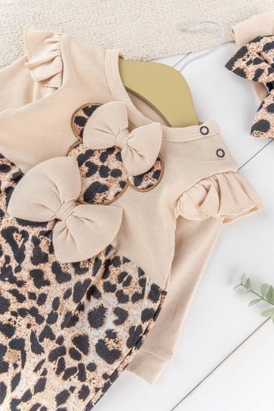 Leopar Desenli Fiyonklu Bandanalı Kız Bebek Tulum