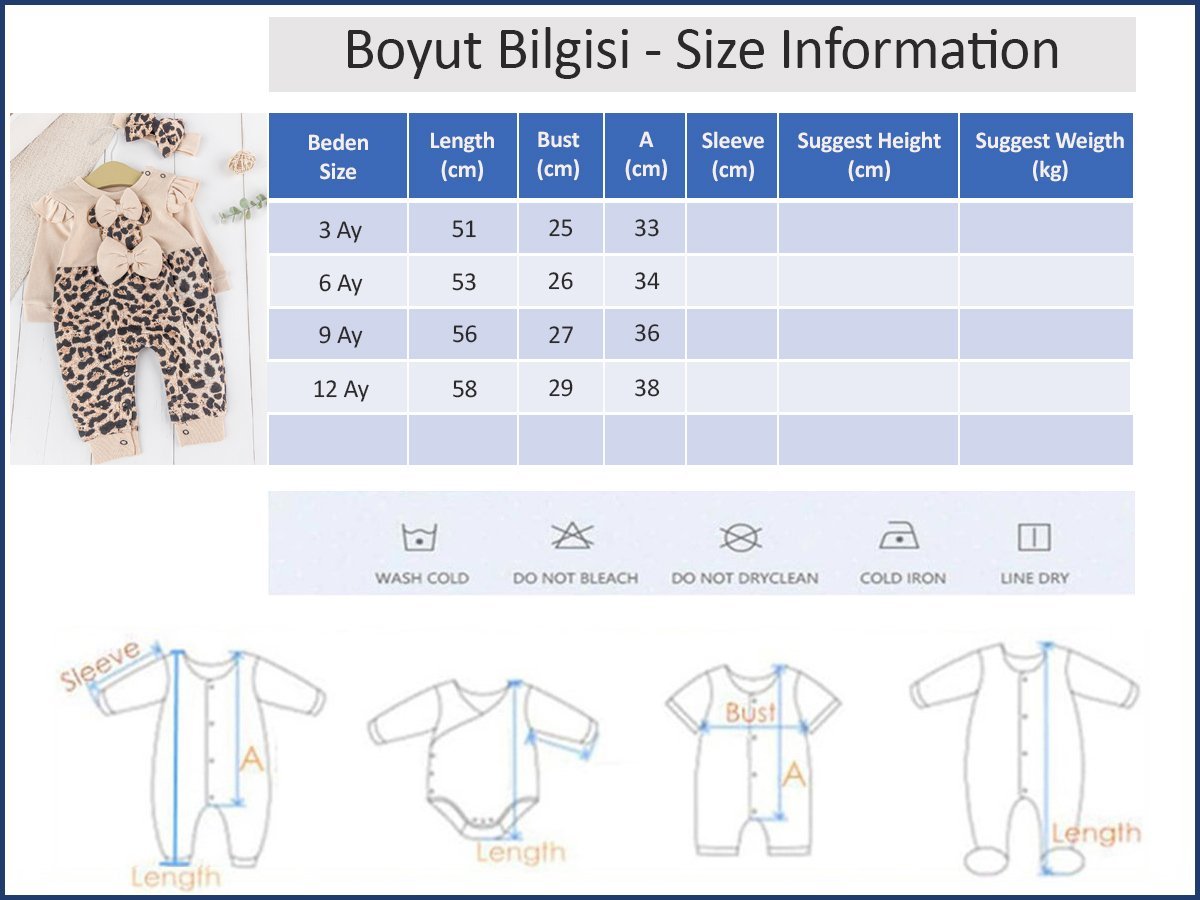 Leopar Desenli Fiyonklu Bandanalı Kız Bebek Tulum