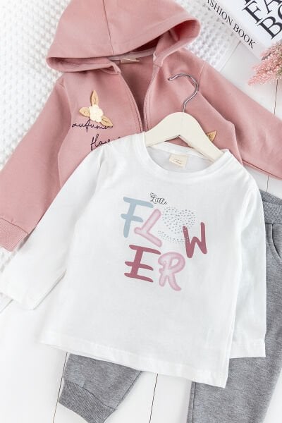 Çiçek Motifli Kapüşonlu Hırkalı 3'lü Kız Çocuk Takım