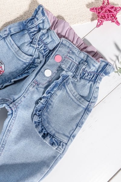 Fırfırlı Cepli Beli Lastikli Kız Bebek Kot Pantolon