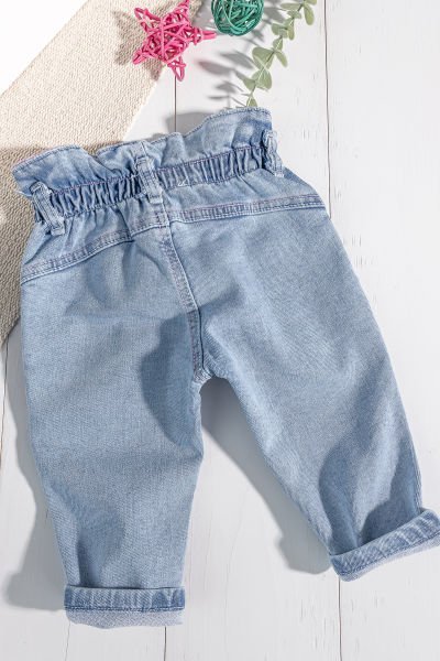 Fırfırlı Cepli Beli Lastikli Kız Bebek Kot Pantolon