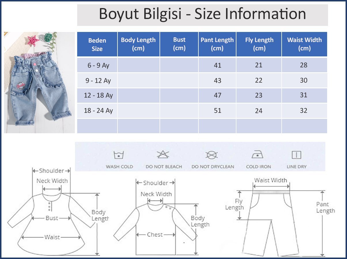 Fırfırlı Cepli Beli Lastikli Kız Bebek Kot Pantolon