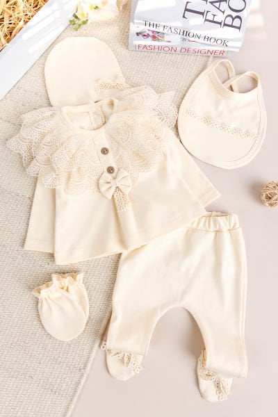 Güpürlü Fiyonklu Pamuklu 5'li Kız Bebek Hastane Çıkışı Bebek Takımı