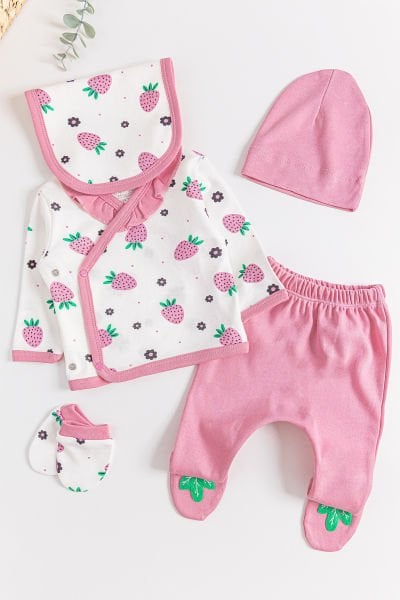 Çilek Baskılı 5 Parça Kız Bebek Hastane Çıkışı Bebek Takımı