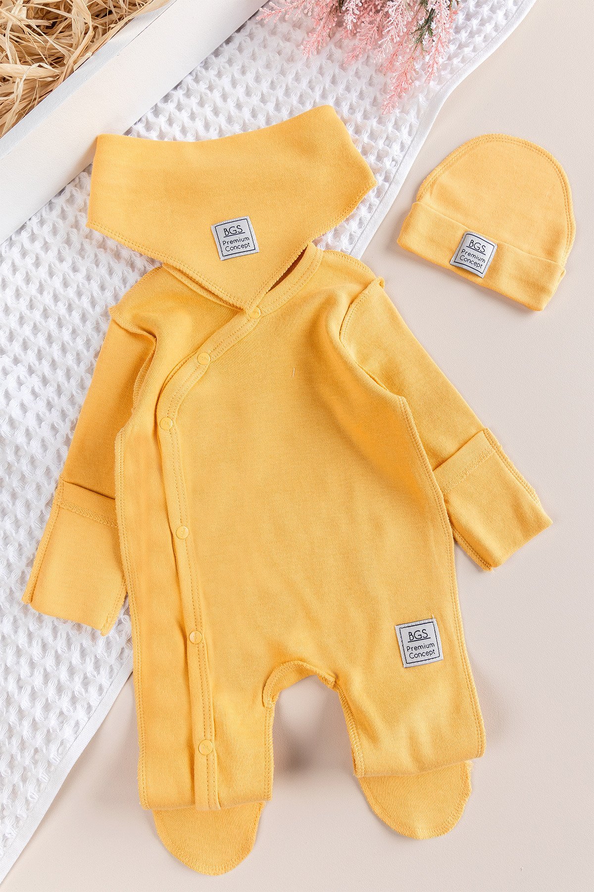 Kendinden Eldivenli Naturel Bebek Tulum Takım