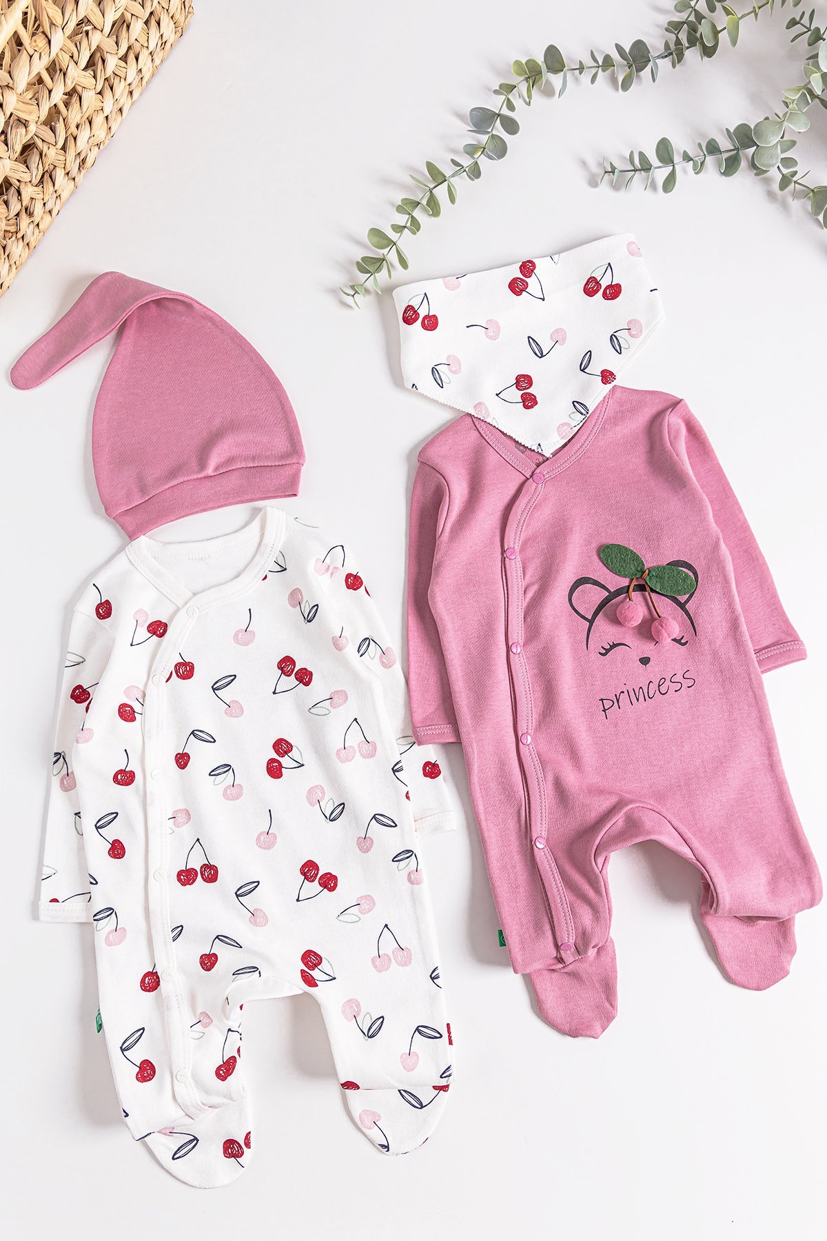 Kiraz Desenli 2'li Uzun Kollu Kız Bebek Tulum Takım