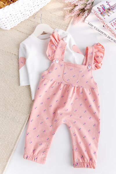 Çiçekli Fırfırlı 100% Pamuk 2'li Kız Bebek Salopet Tulum Set