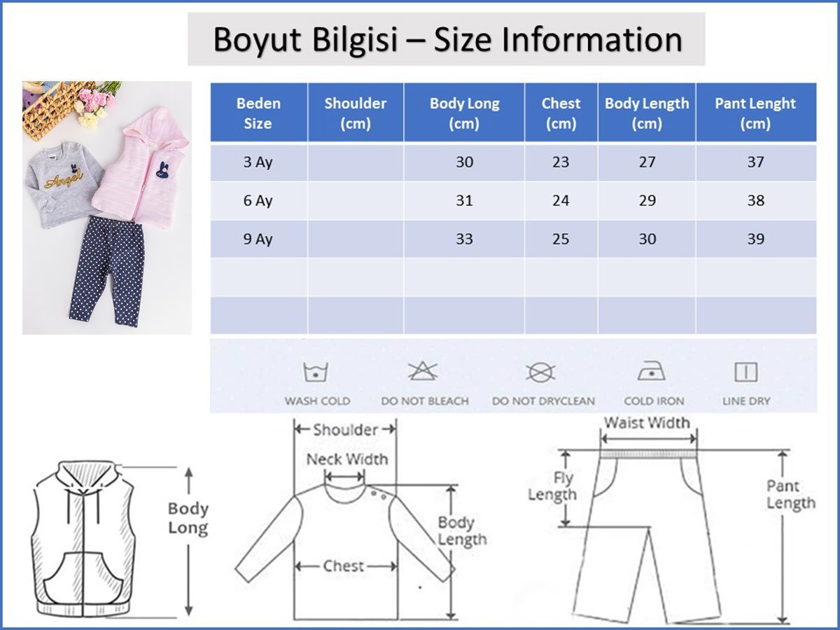 Angel İşlemeli Kapüşonlu Yelekli 3 Parça Kız Bebek Takım