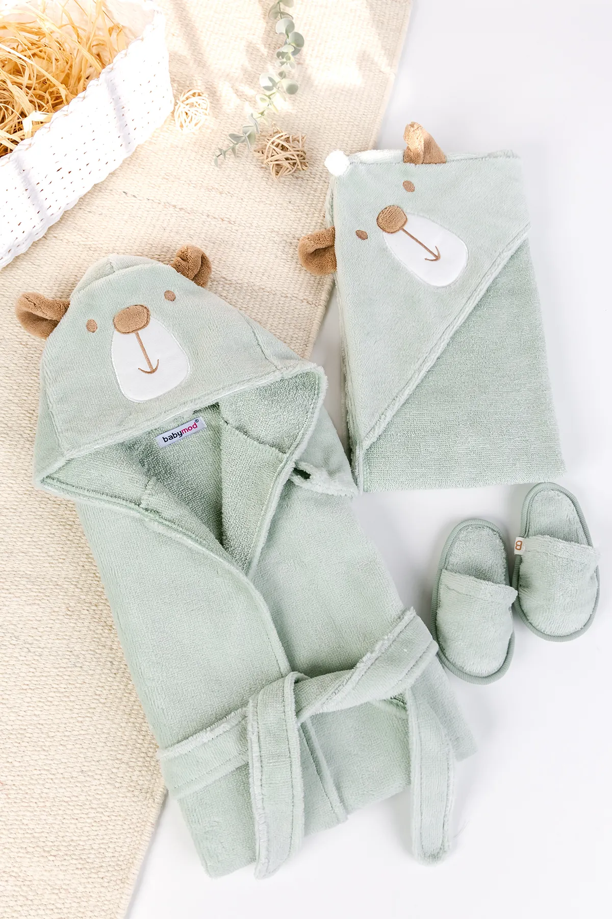 Ayıcık Fiğürlü Antibakrariyel Kız /Erkek  Bebek Bornoz Takımı Seti