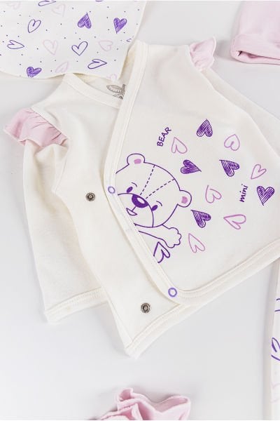 Kalp Desenli Fırfırlı 5'li Kız Bebek Hastane Çıkışı Bebek Takımı