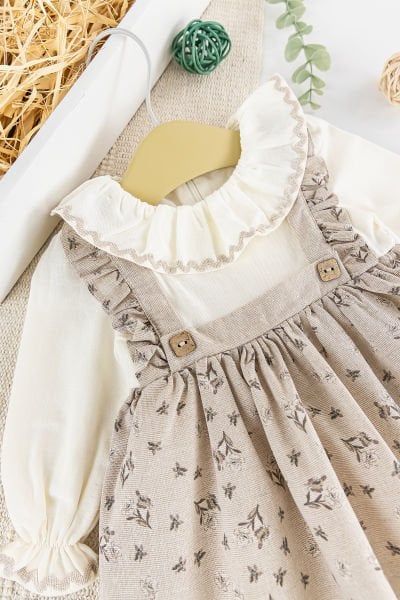 Çiçek Desenli Fırfırlı Keten Kız Bebek Elbise