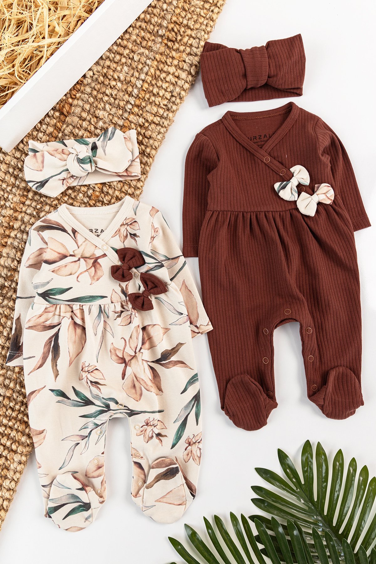 Çiçek Desenli Bandanalı 2'li Uzun Kollu Kız Bebek Tulum Takım