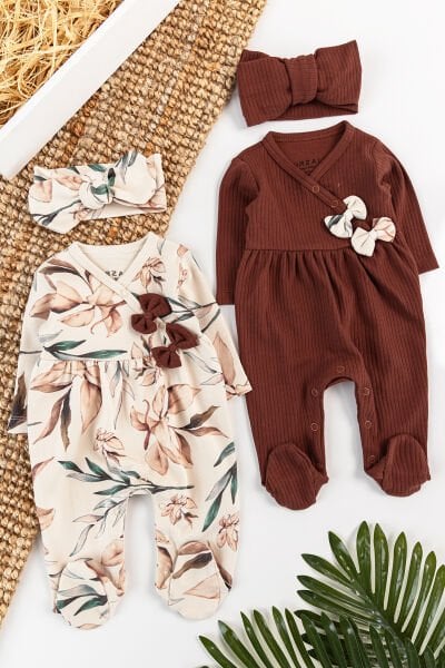 Çiçek Desenli Bandanalı 2'li Uzun Kollu Kız Bebek Tulum Takım
