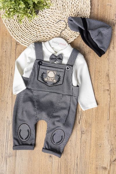 Vintage Desenli Şapkalı Erkek Bebek Tulum Salopet Takım