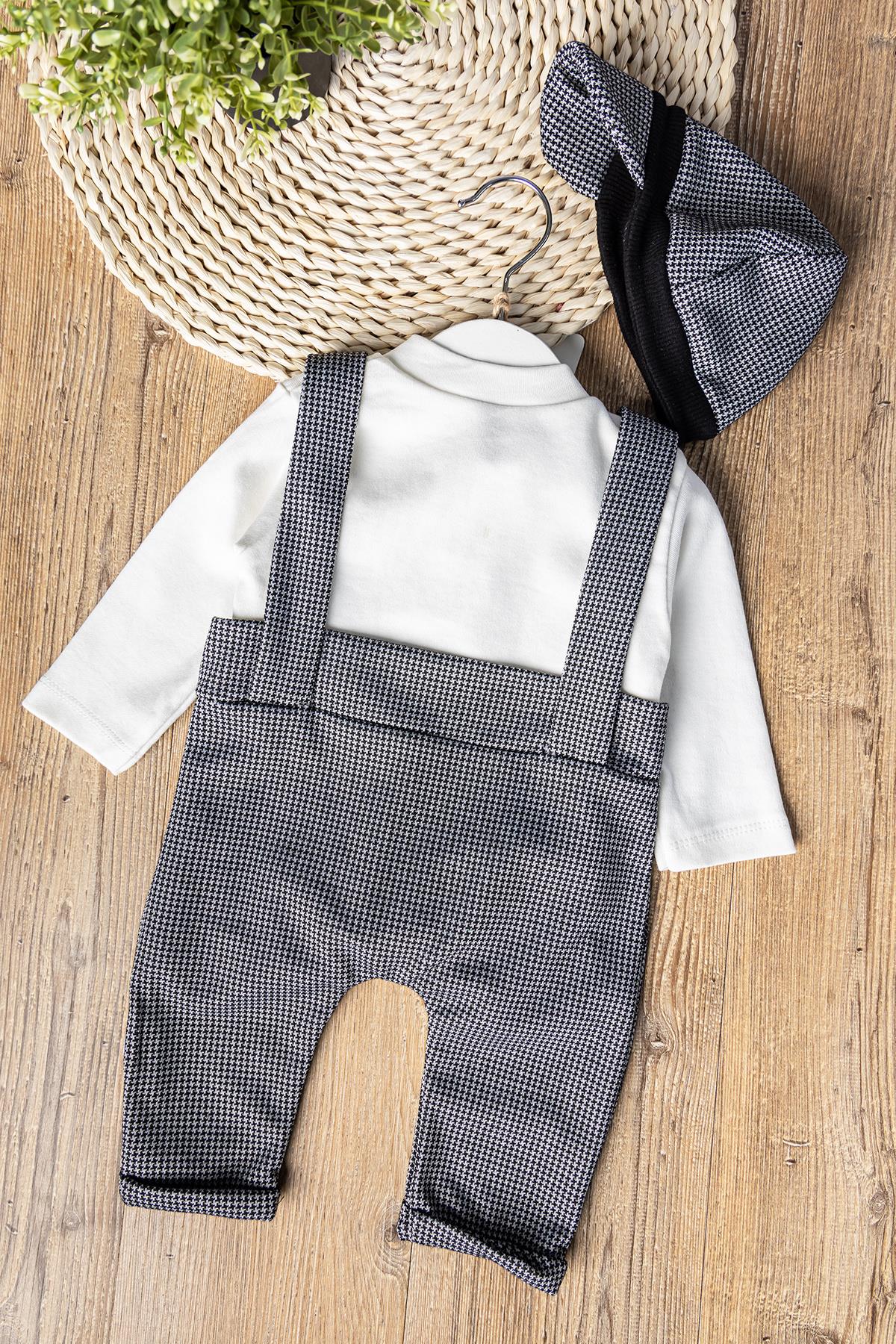 Vintage Desenli Şapkalı Erkek Bebek Tulum Salopet Takım