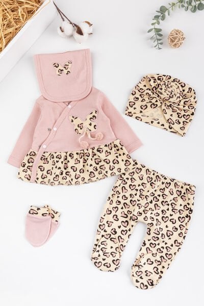 Leopar Desenli Pamuklu 5 Parça Kız Bebek Hastane Çıkışı Bebek Takımı