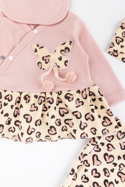 Leopar Desenli Pamuklu 5 Parça Kız Bebek Hastane Çıkışı Bebek Takımı
