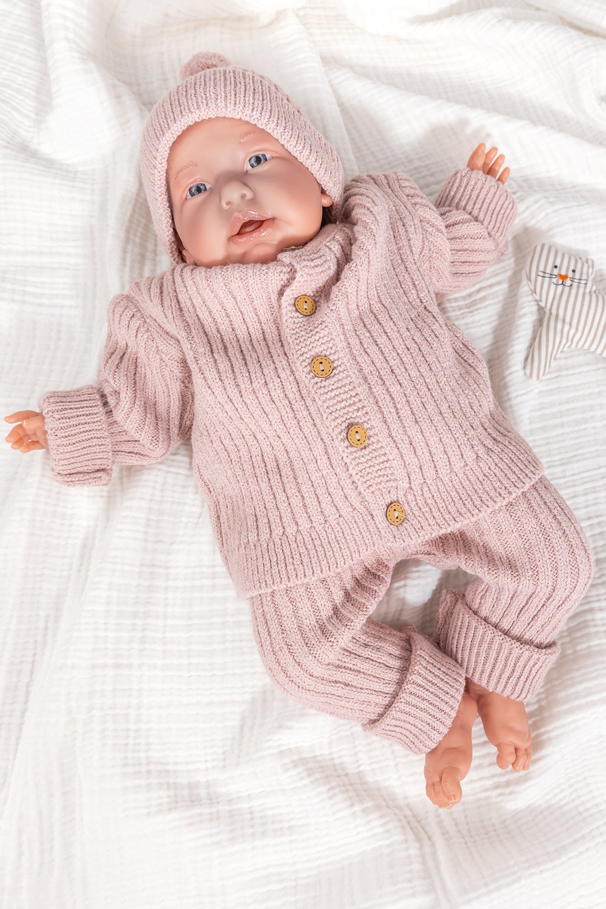 Triko Hırkalı Bereli Unisex Kışlık Şapkalı Bebek Takım