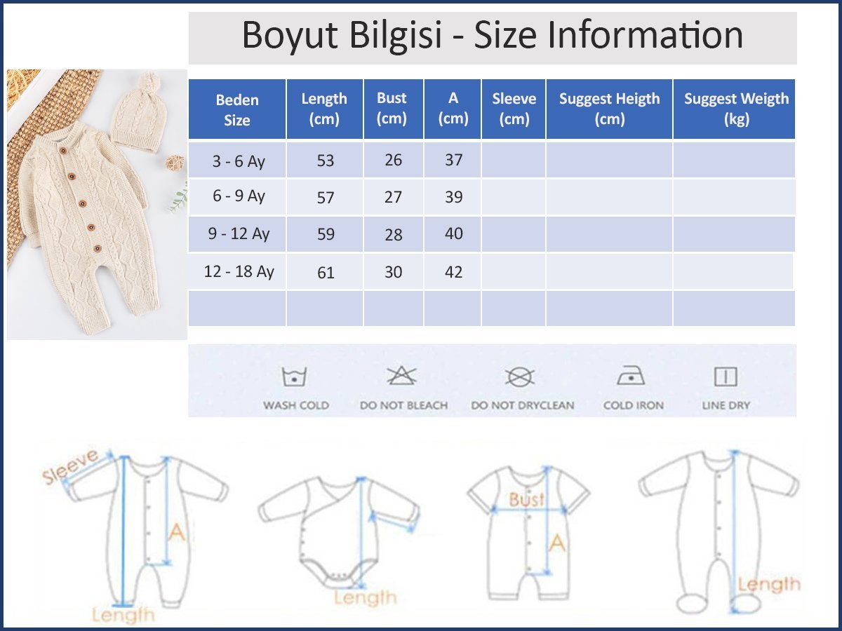 Saç Örgü Desenli Bereli Unisex Kışlık Şapkalı Bebek Tulum
