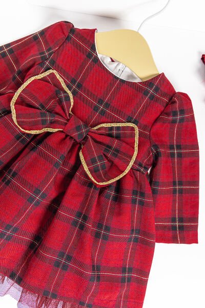 Ekose Desenli Bandanalı Kız Bebek Elbise